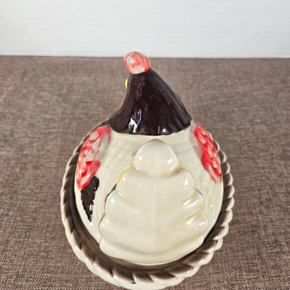 Vintage Metlox Hen On Nest Poppy Trail Pottery Vernon Red Rooster Covered Dish - Picture 4 of 12